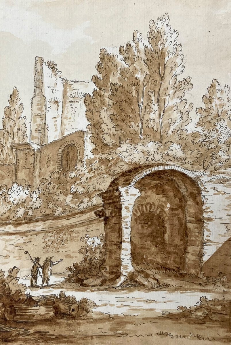 Acquaroni Antonio (1780-1847) "italian Landscape" Drawing/pen And Brown Wash-photo-4