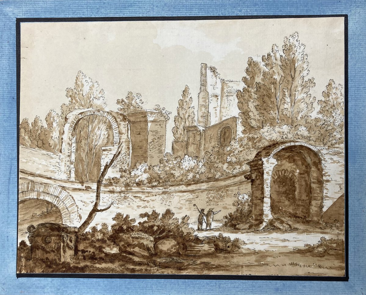 ACQUARONI Antonio (1780-1847) "Paysage italien" Dessin/Plume et lavis brun