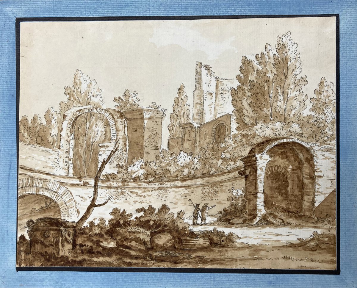 Acquaroni Antonio (1780-1847) "italian Landscape" Drawing/pen And Brown Wash