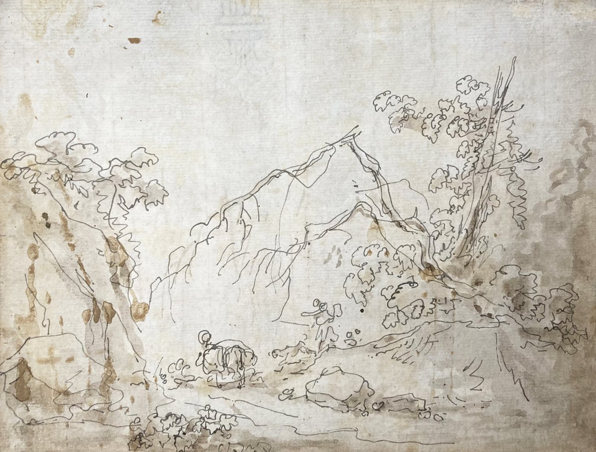 Robert Hubert (1733-1808) Attributed To "animated Landscape" Drawing/pen And Brown Wash-photo-2