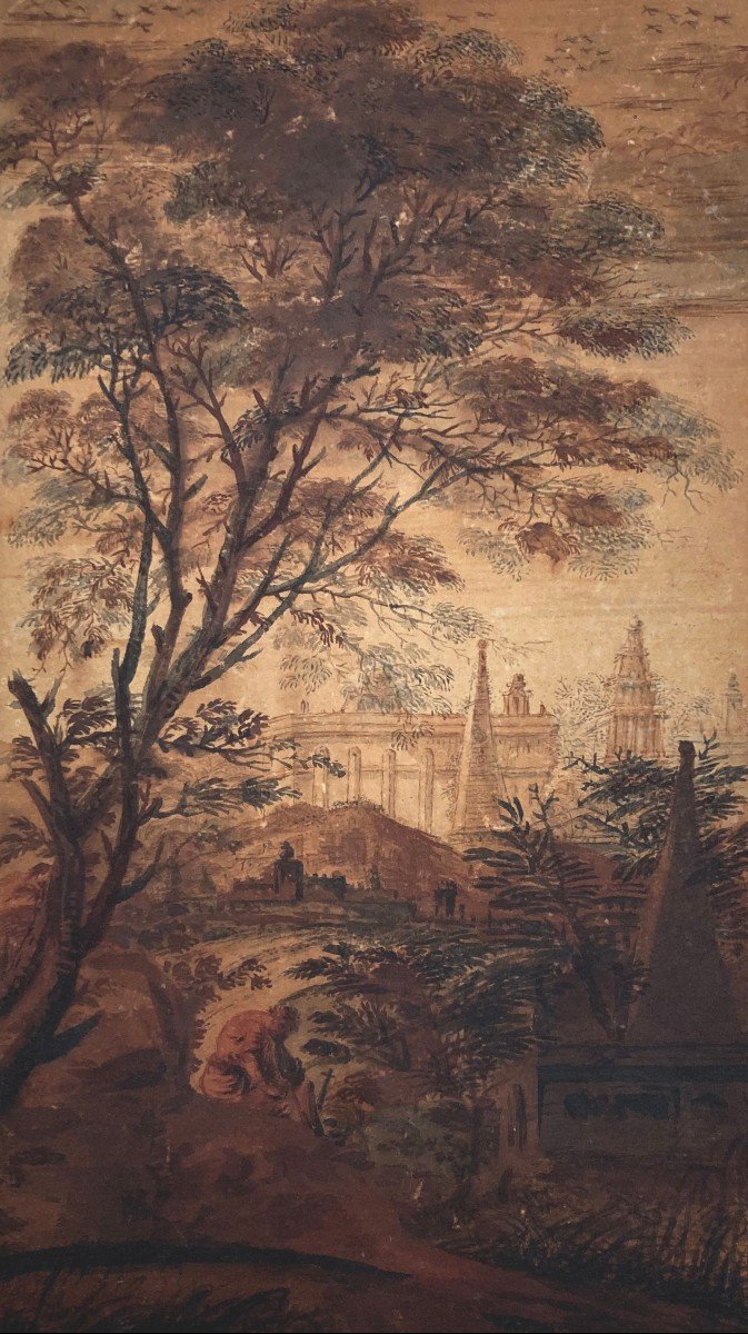 LEGUAY Charles Etienne (1762-1846) Attr à "Paysage animé et architecture" Dessin/Plume et lavis-photo-2