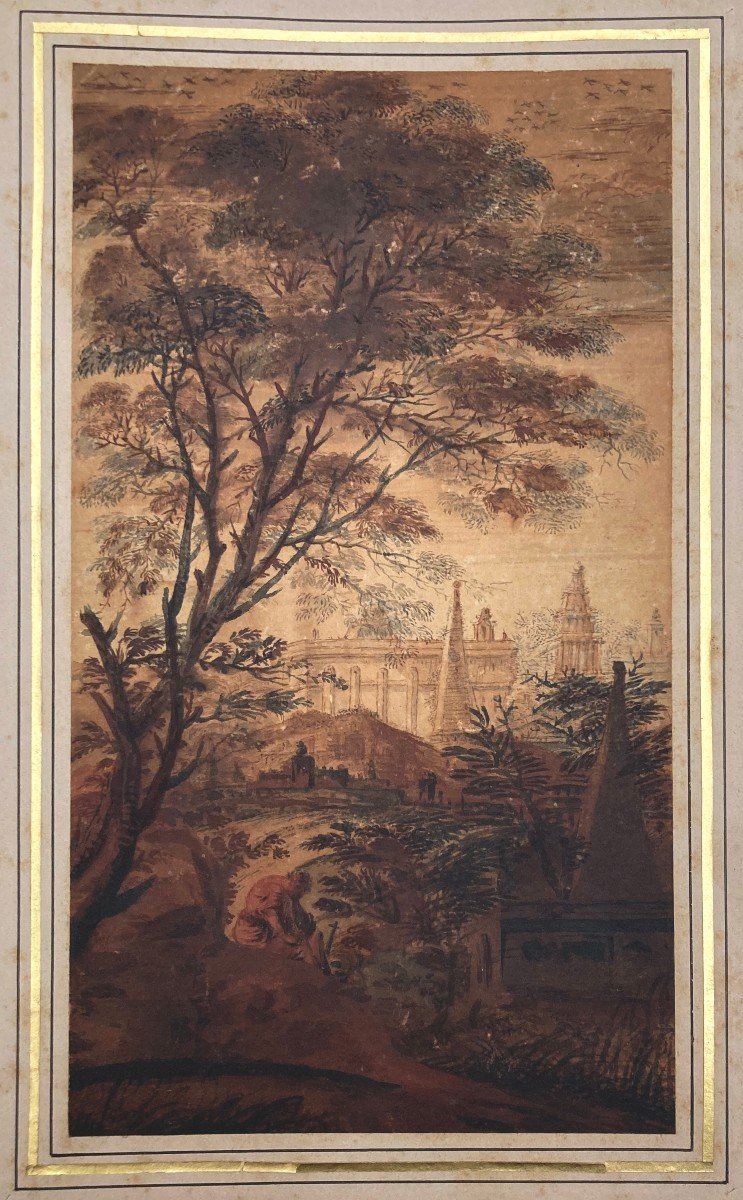 LEGUAY Charles Etienne (1762-1846) Attr à "Paysage animé et architecture" Dessin/Plume et lavis