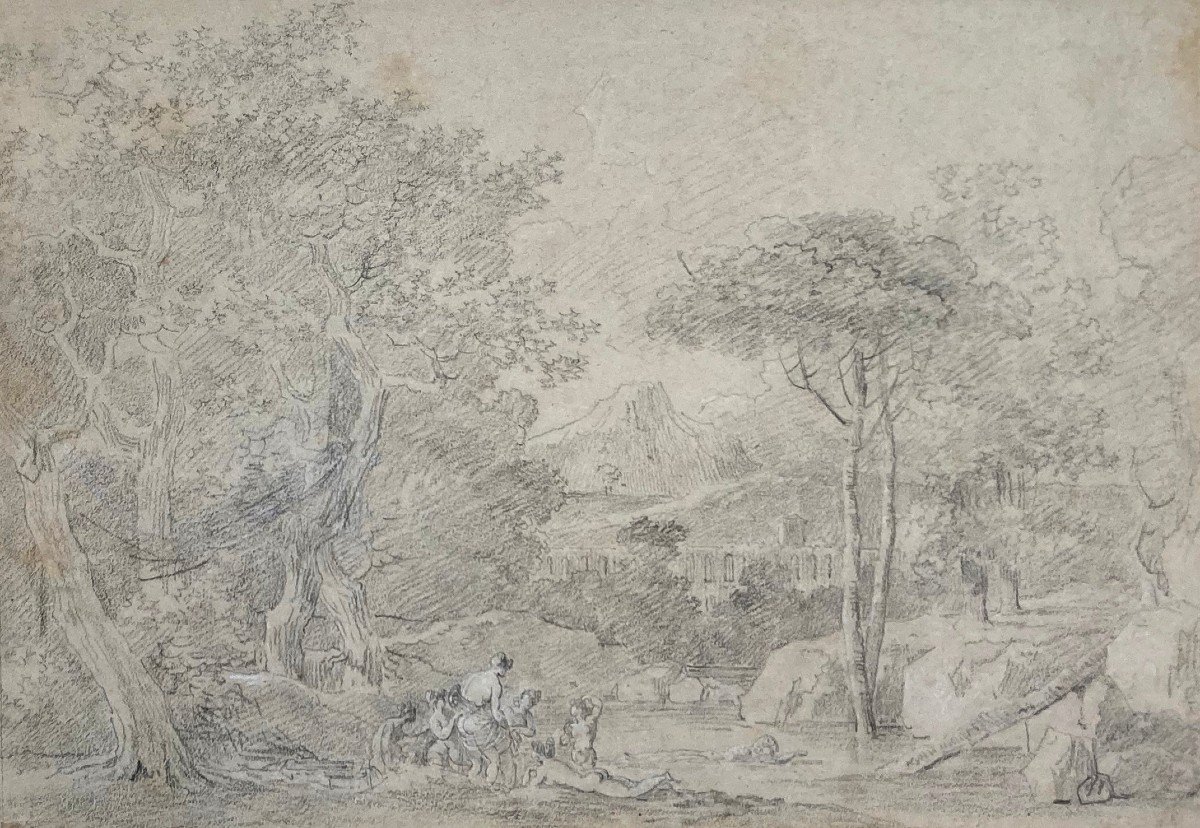 MONGIN Antoine Pierre (1761-1827) "Paysage et personnages" Dessin/Pierre noire et craie blanche-photo-2