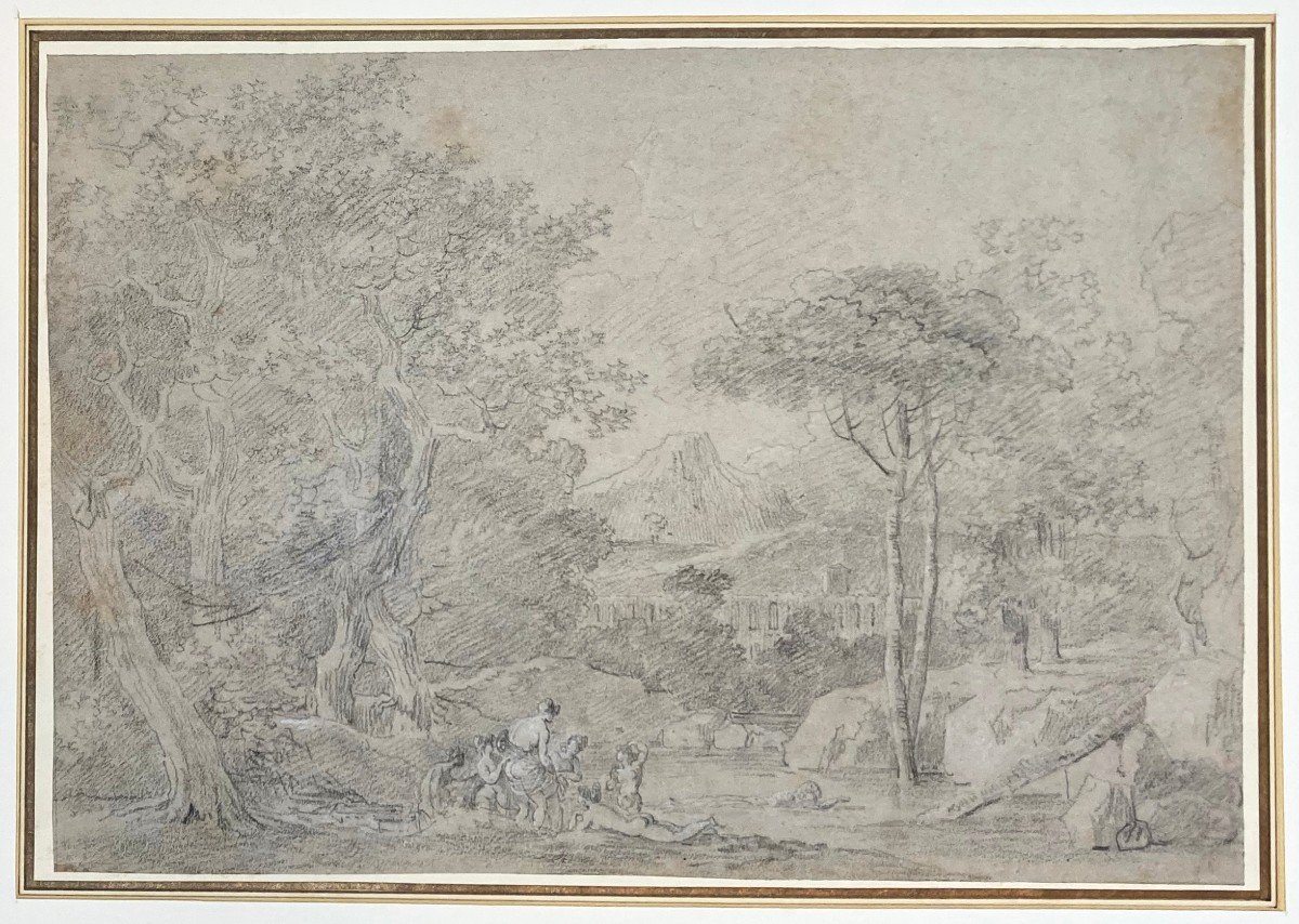 MONGIN Antoine Pierre (1761-1827) "Paysage et personnages" Dessin/Pierre noire et craie blanche