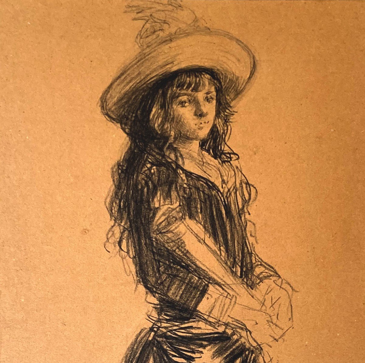 Renouard Paul (1845-1924) "young Girl" Drawing In Black Pencil, Signed-photo-2