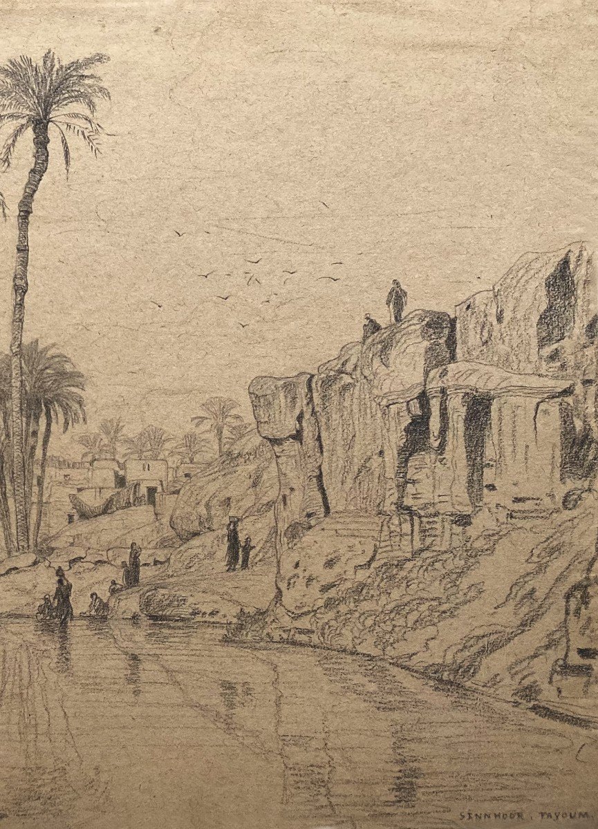Imer Edouard (1820-1881) "sinnhour Fayoum, Egypt" Drawing / Black Pencil, Signed-photo-3