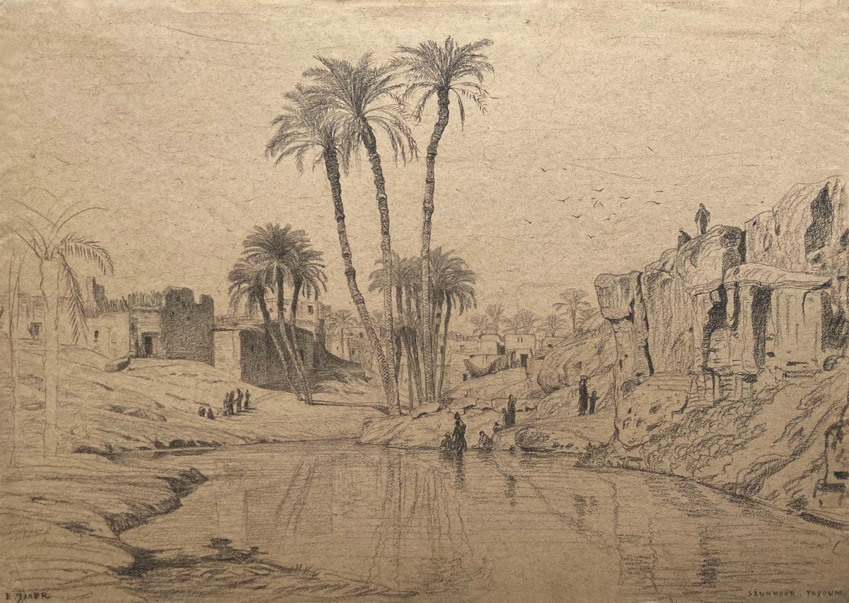 Imer Edouard (1820-1881) "sinnhour Fayoum, Egypt" Drawing / Black Pencil, Signed