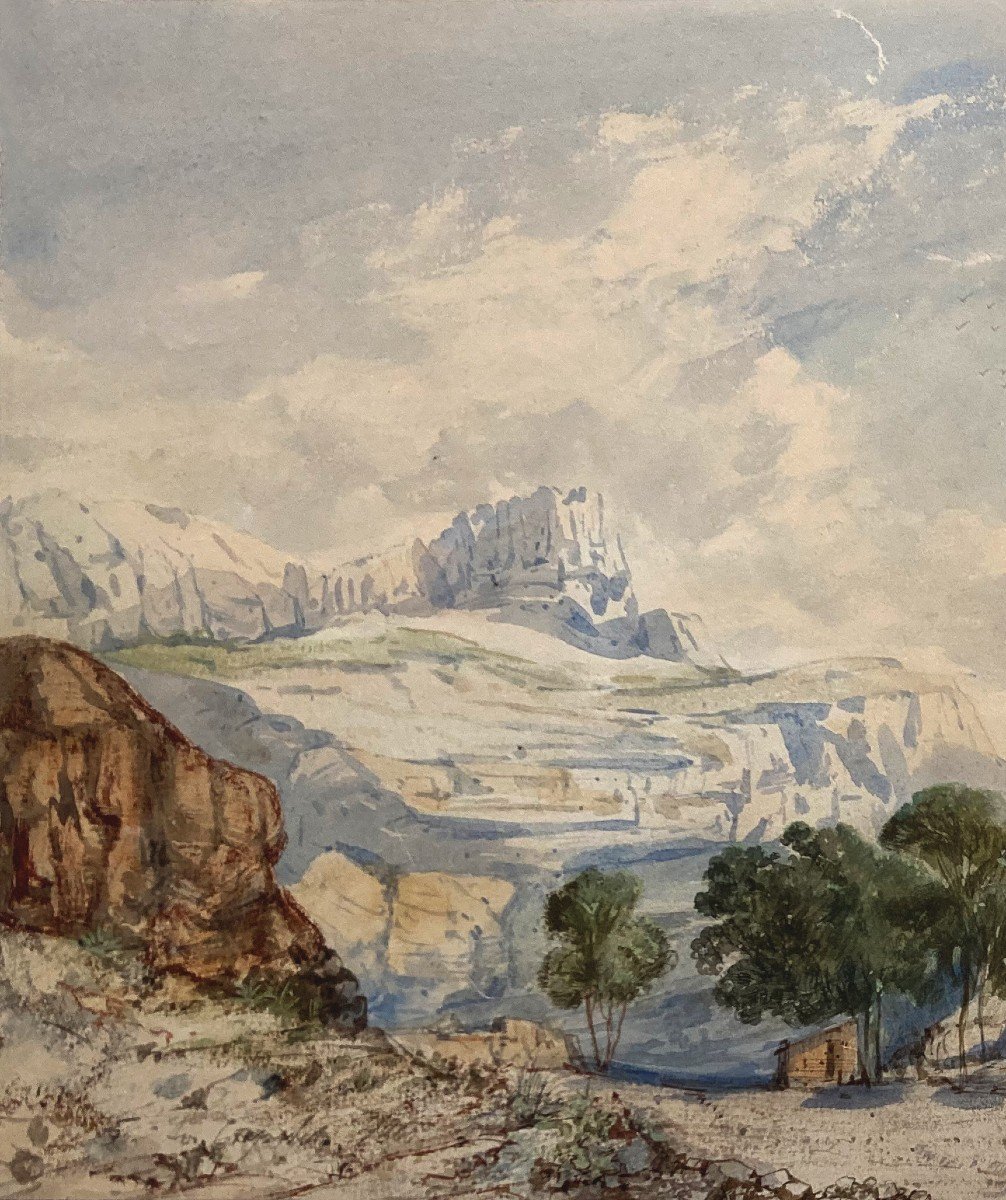 CRAPELET Louis Amable (1822-1867) "Paysage à la calèche" Aquarelle, signé-photo-2