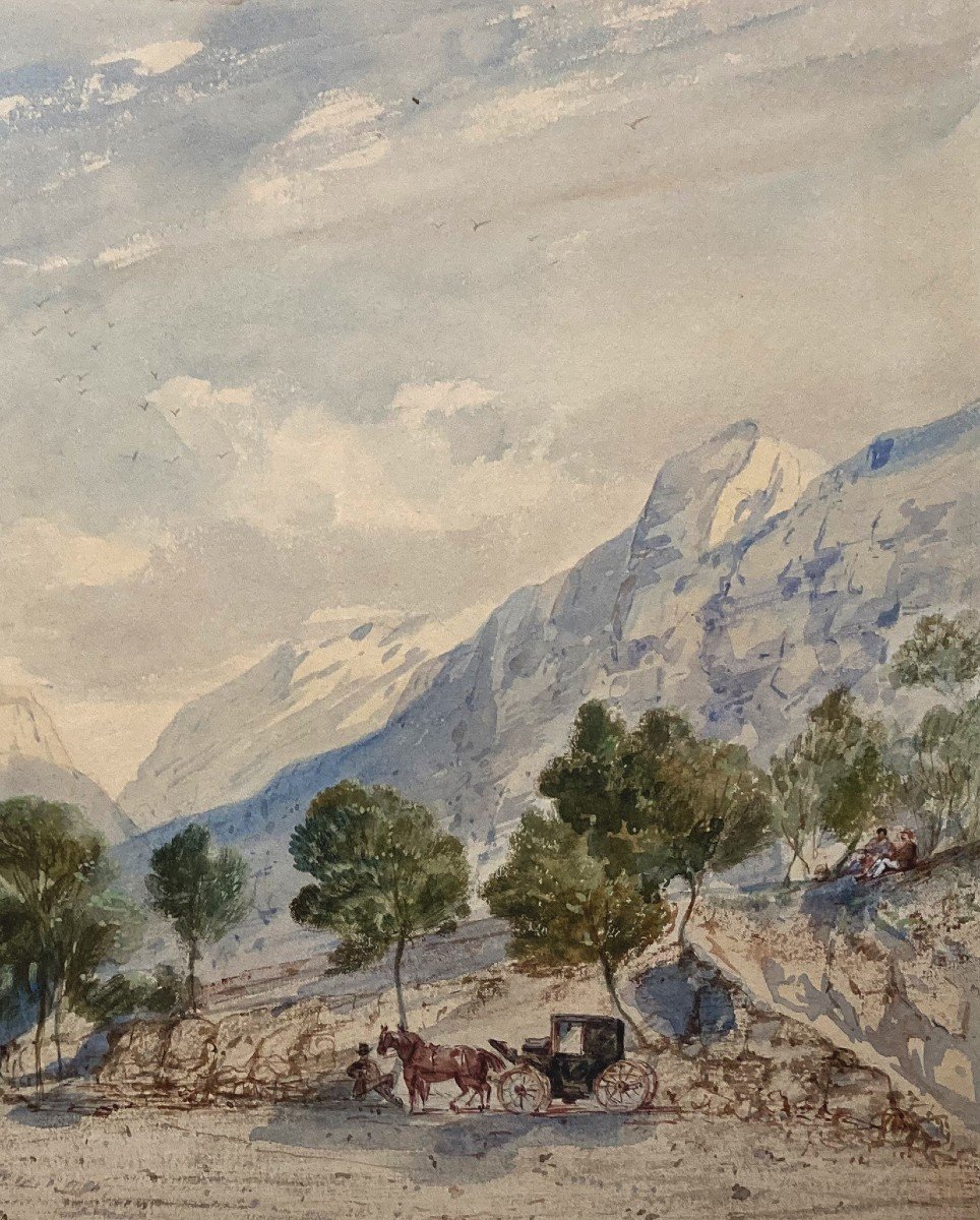 CRAPELET Louis Amable (1822-1867) "Paysage à la calèche" Aquarelle, signé-photo-3