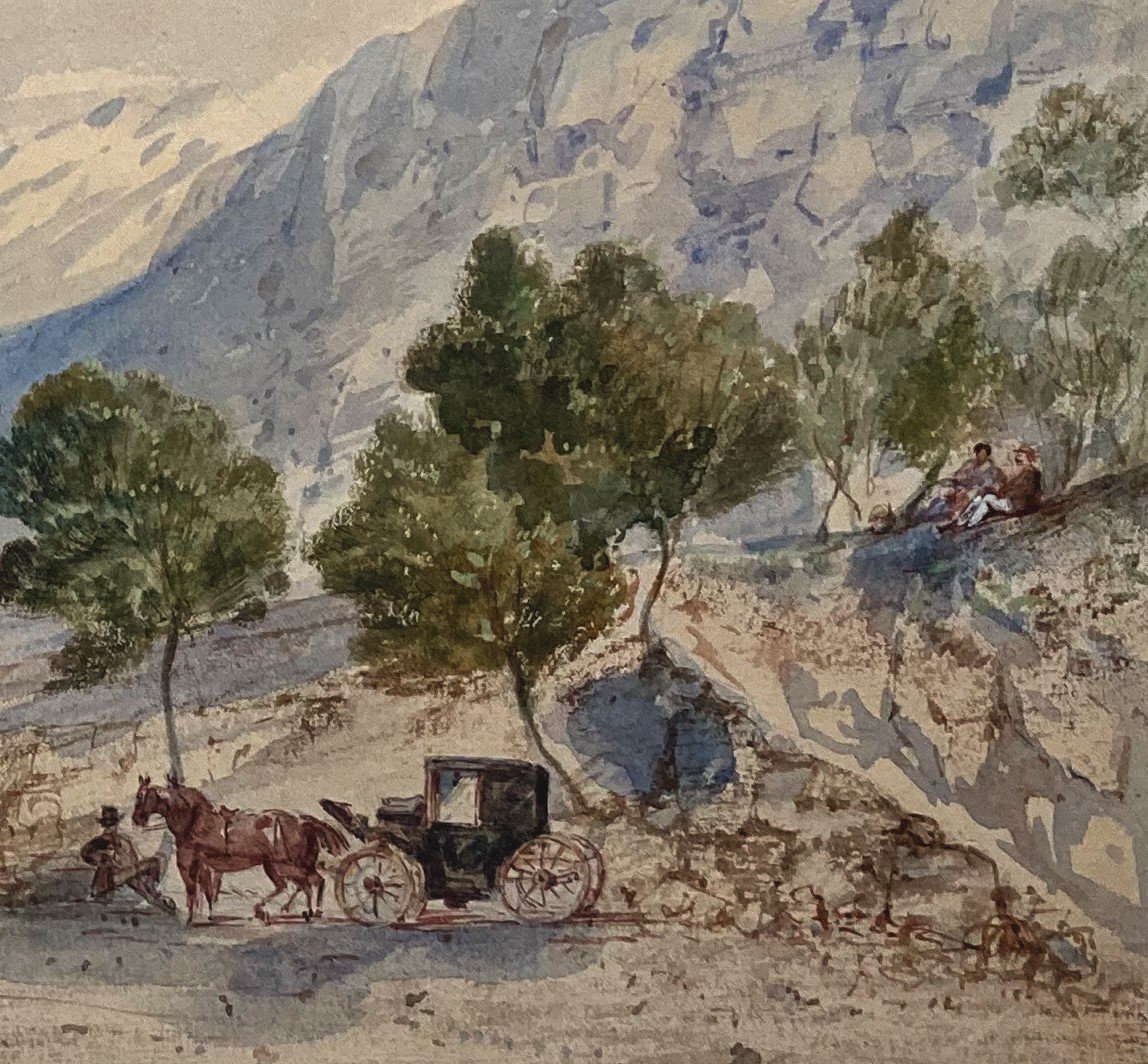 CRAPELET Louis Amable (1822-1867) "Paysage à la calèche" Aquarelle, signé-photo-4