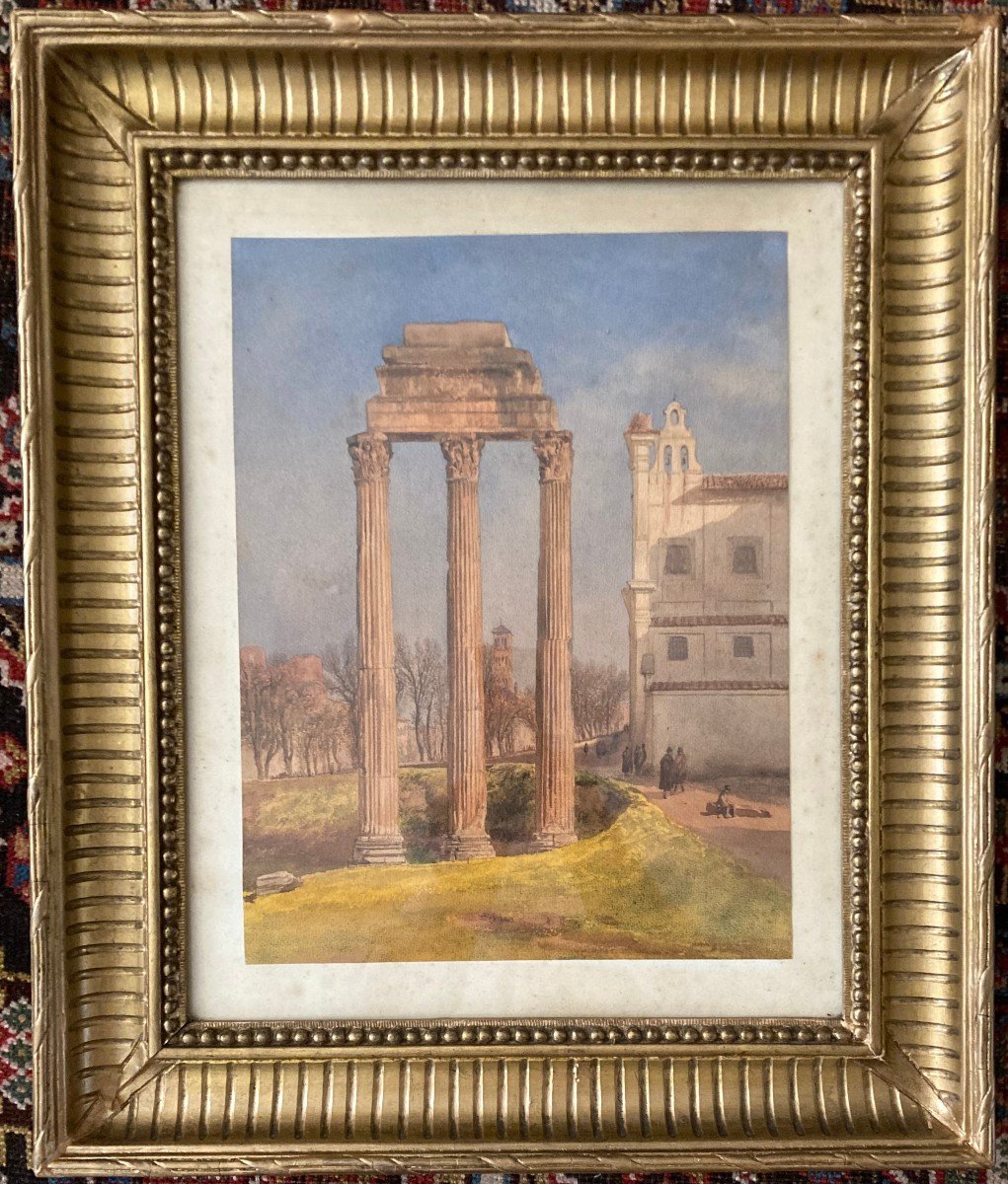 Girard Pierre (1806-1872) "three Columns Of The Temple Of Castor & Pollux" Watercolor, Annotated On The Back