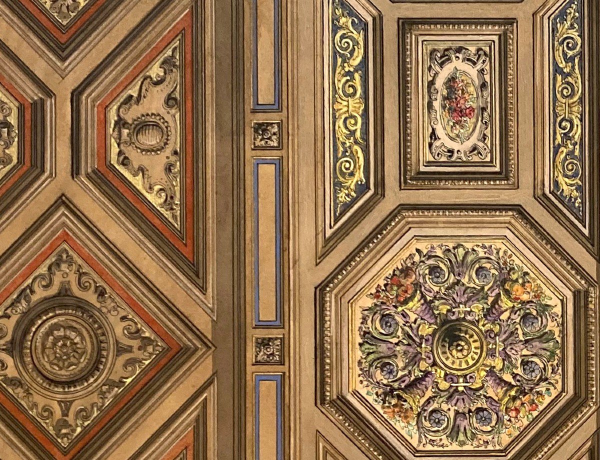 Chaperon Philippe (1823-1906) "a Coffered Ceiling Project" Gouache-photo-4