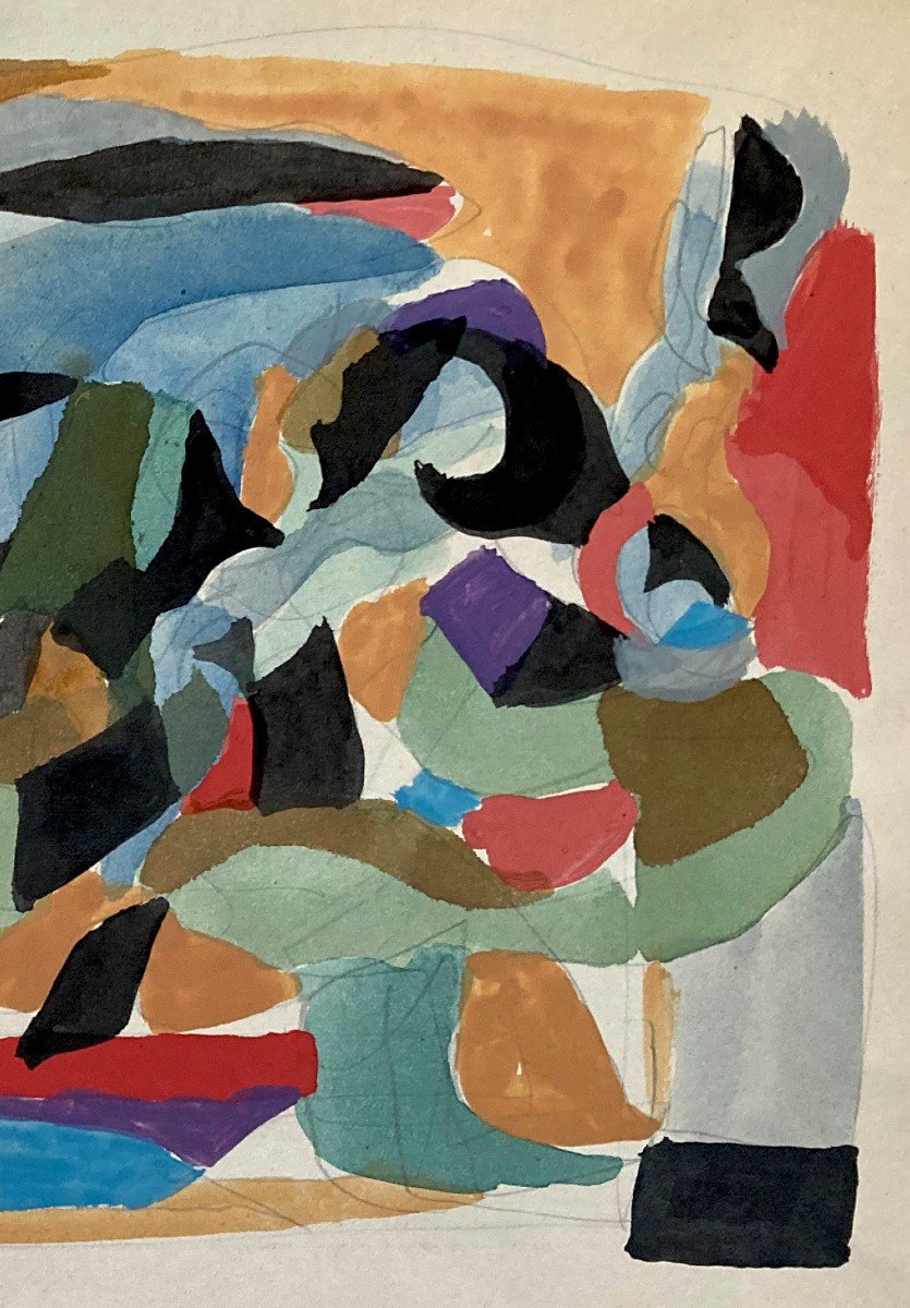 Iliu Joseph (1914-1999) "abstract Composition No3" Drawing/gouache, Signed With Stamp Signature-photo-3