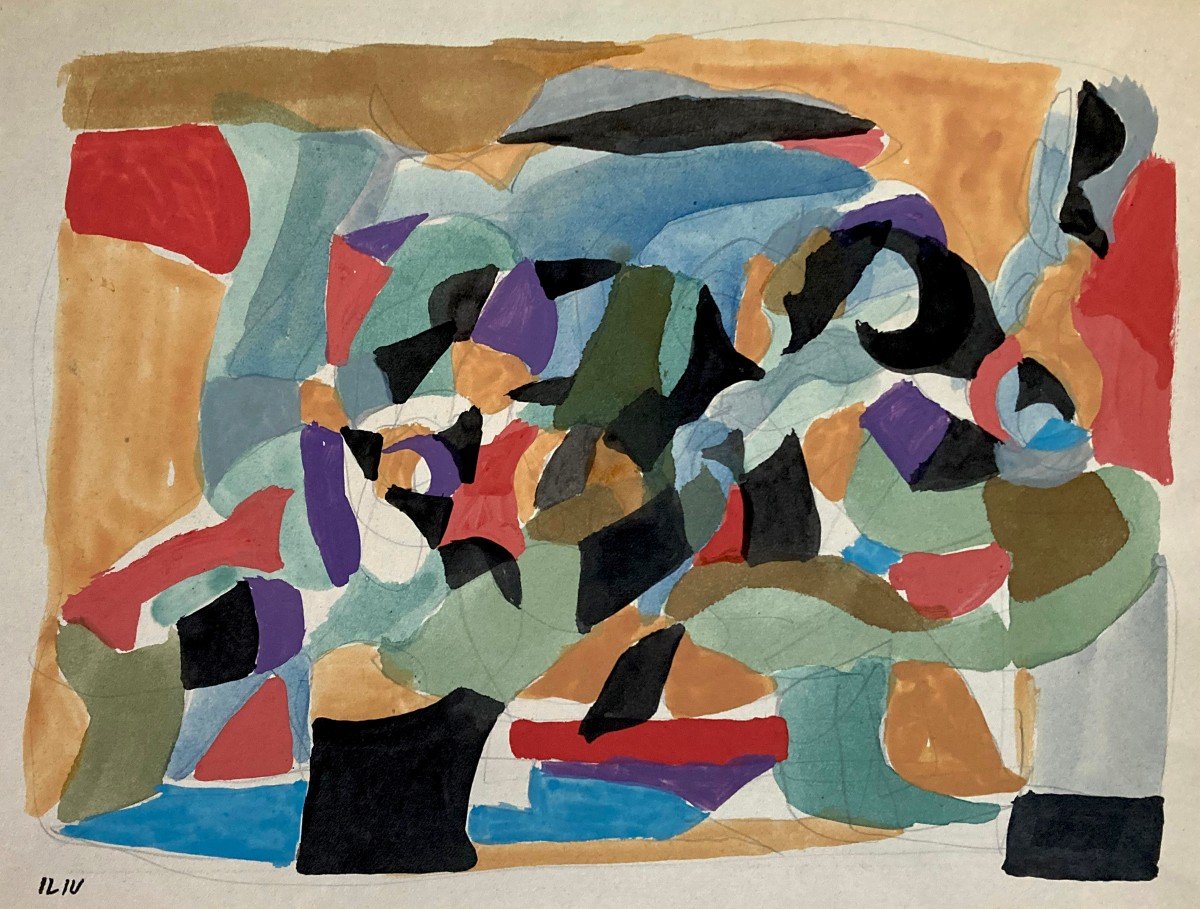 Iliu Joseph (1914-1999) "abstract Composition No3" Drawing/gouache, Signed With Stamp Signature