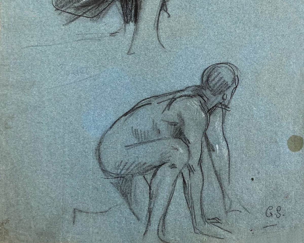 Surand Gustave (1860-1937) "kneeling Man" Drawing/black Pencil, White Chalk, Signed/monogram-photo-3