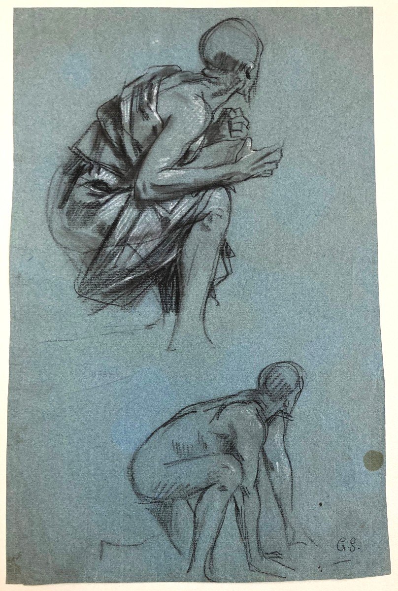 Surand Gustave (1860-1937) "kneeling Man" Drawing/black Pencil, White Chalk, Signed/monogram-photo-4