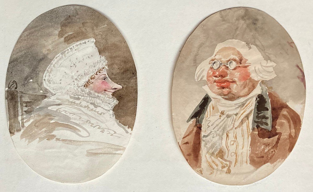 ISABEY Jean-Baptiste (1767-1855) Attr.à,"Caricatures: Portraits homme & femme" Dessin/Aquarelle