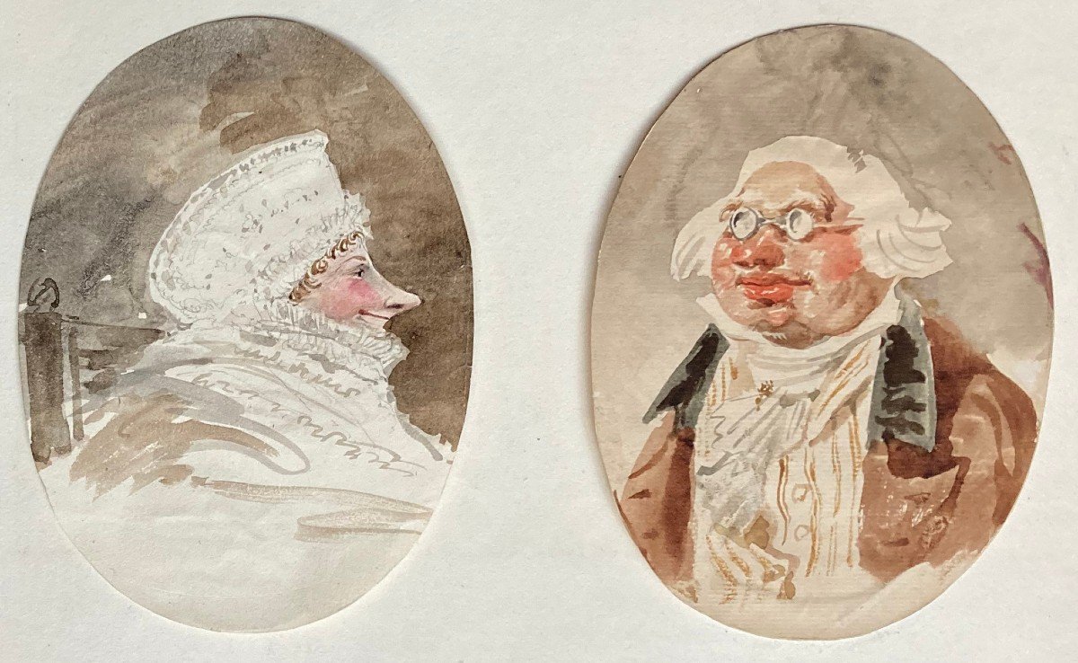 Isabey Jean-baptiste (1767-1855) Attr.to "caricatures:portraits Man & Woman" Drawing/watercolor