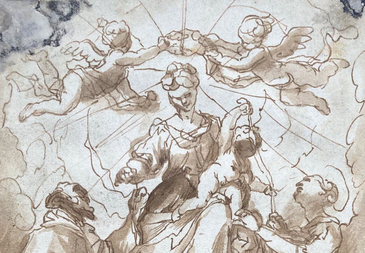 PIOLA Paolo Gerolamo(1666-1724)"La Vierge à l’enfant couronnée par des anges"Dessin/Plume,lavis-photo-2