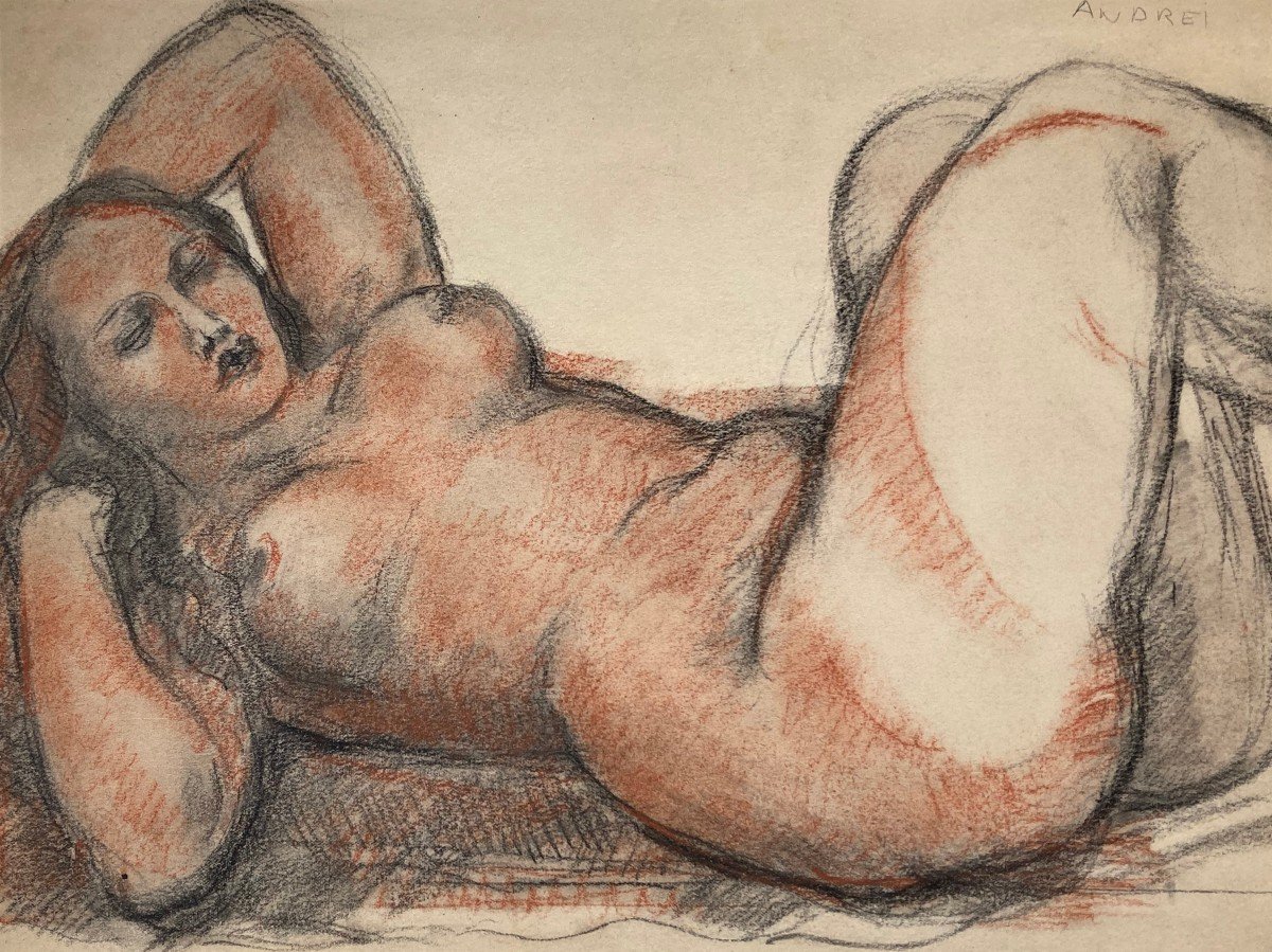 ANDRÉÏ René (1906-1987) "Nu féminin allongé" Dessin/Crayon noir et crayon sanguine, signé