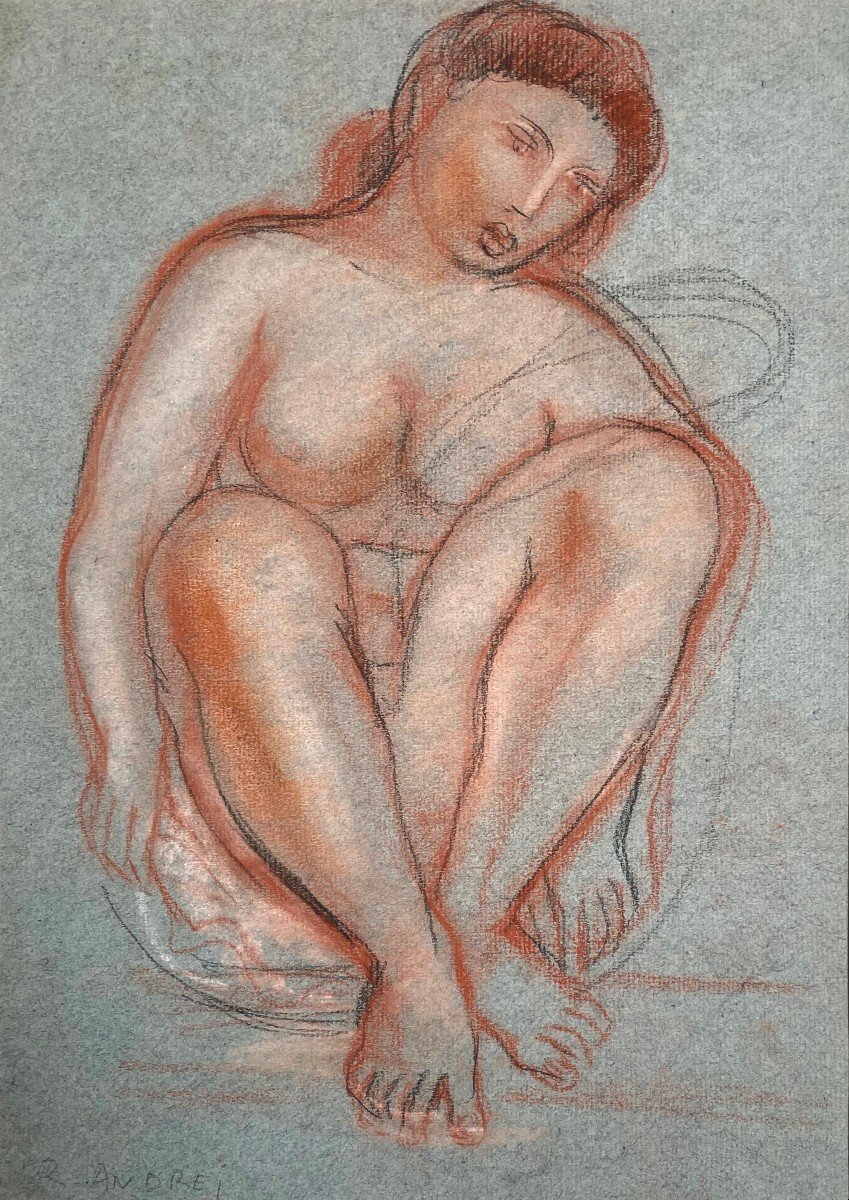 ANDRÉÏ René (1906-1987) "Femme assise" Dessin/Crayon noir, sanguine et craie blanche, signé
