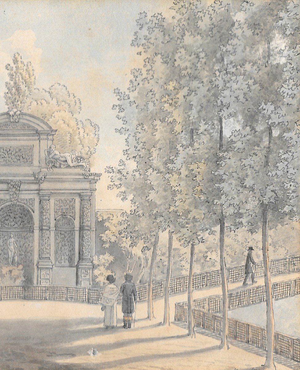 Vauzelle Jean-lubin (1776-1837) "médicis Fountain,jardin Of Luxembourg" Drawing/pen, Watercolor-photo-3