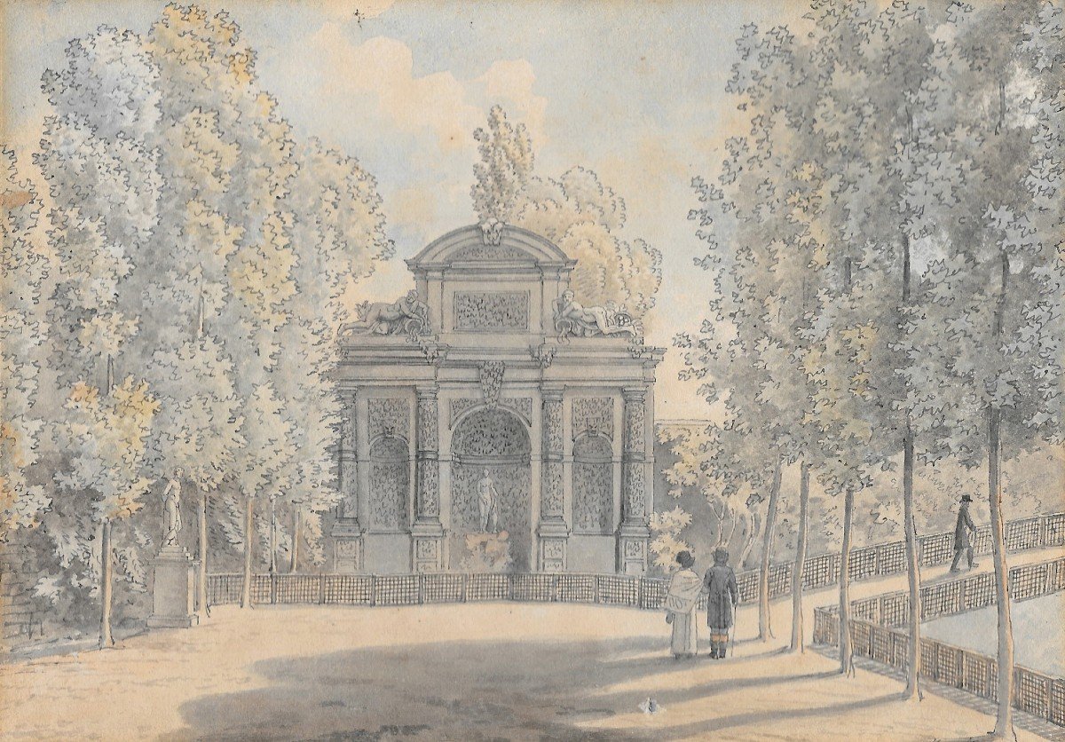 VAUZELLE Jean-Lubin (1776-1837) "Fontaine Médicis, Jardin du Luxembourg" Dessin/Plume,aquarelle