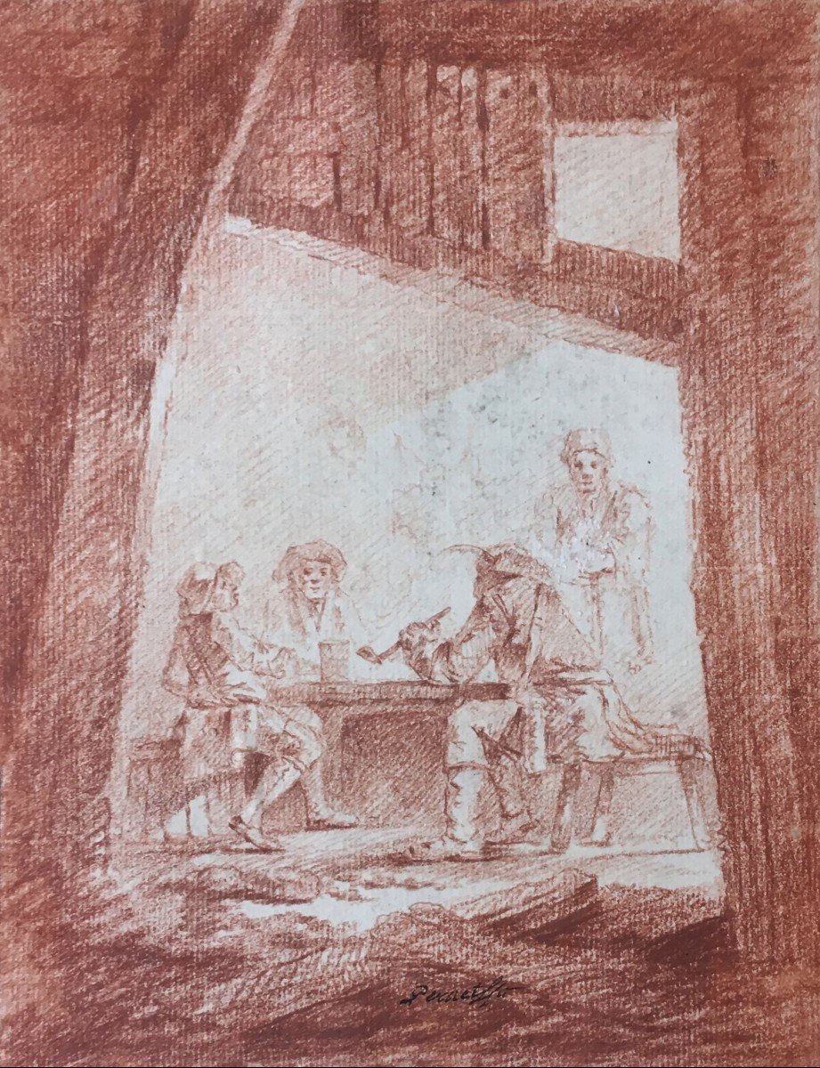 Pernet Alexandre (born In 1763) "interior Of A Tavern" Drawing/red Chalk, Old Mounting, Signed-photo-2