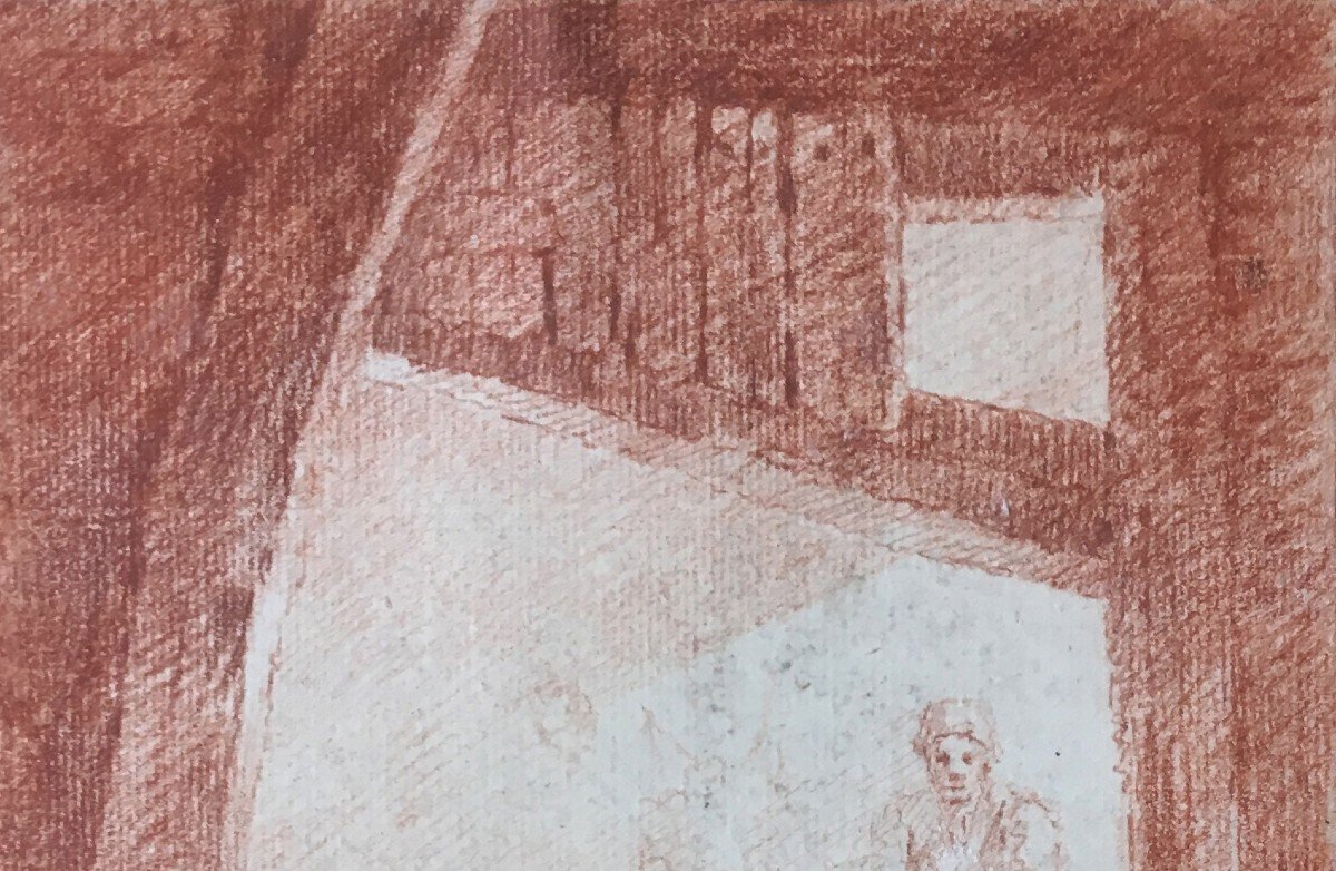 Pernet Alexandre (born In 1763) "interior Of A Tavern" Drawing/red Chalk, Old Mounting, Signed-photo-3