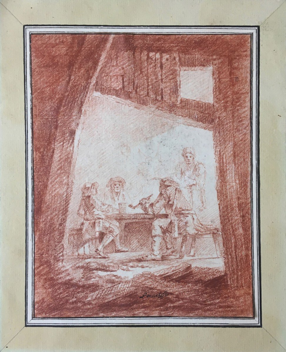 Pernet Alexandre (born In 1763) "interior Of A Tavern" Drawing/red Chalk, Old Mounting, Signed