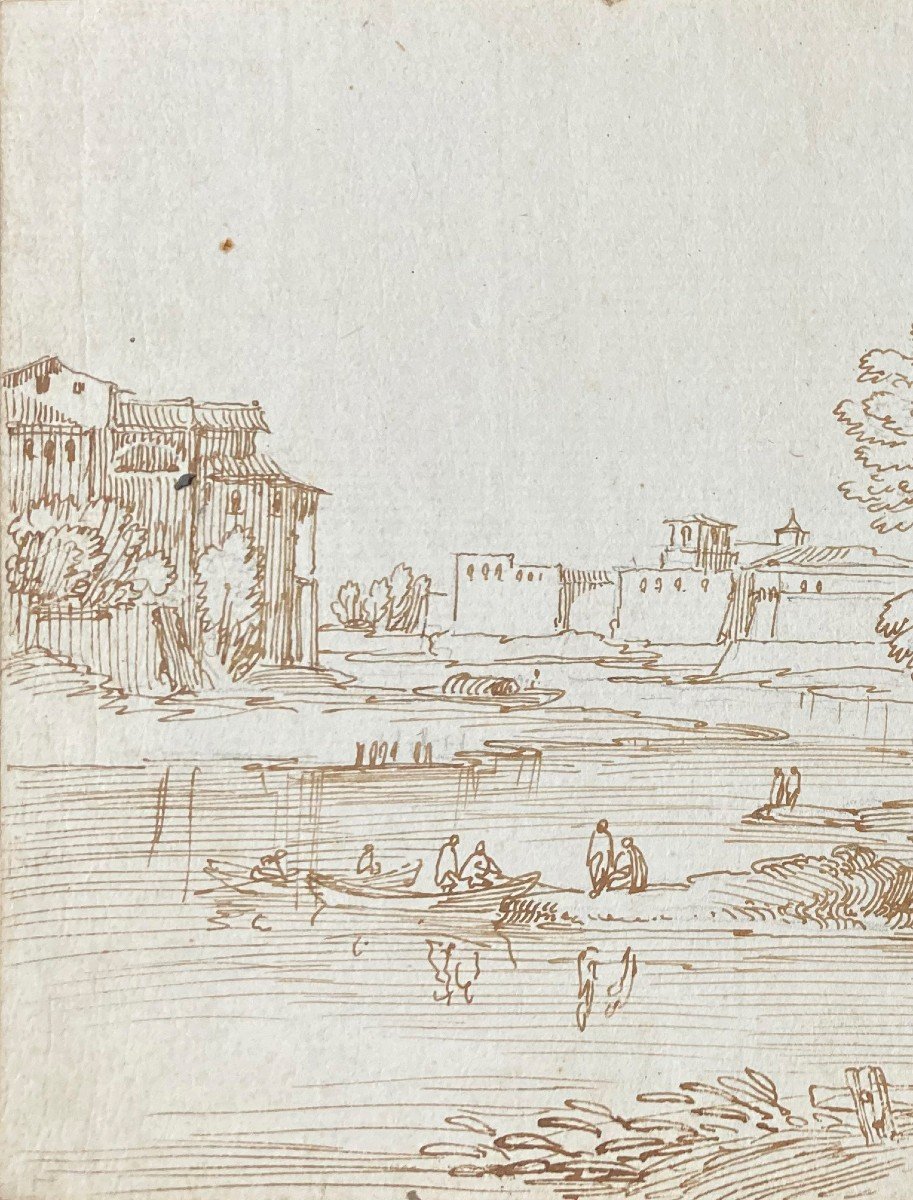 BUSIRI Giovanni Battista (1698-1757)"Paysage animé à la rivière" Dessin/Plume, Cachet SACCHETTI-photo-2