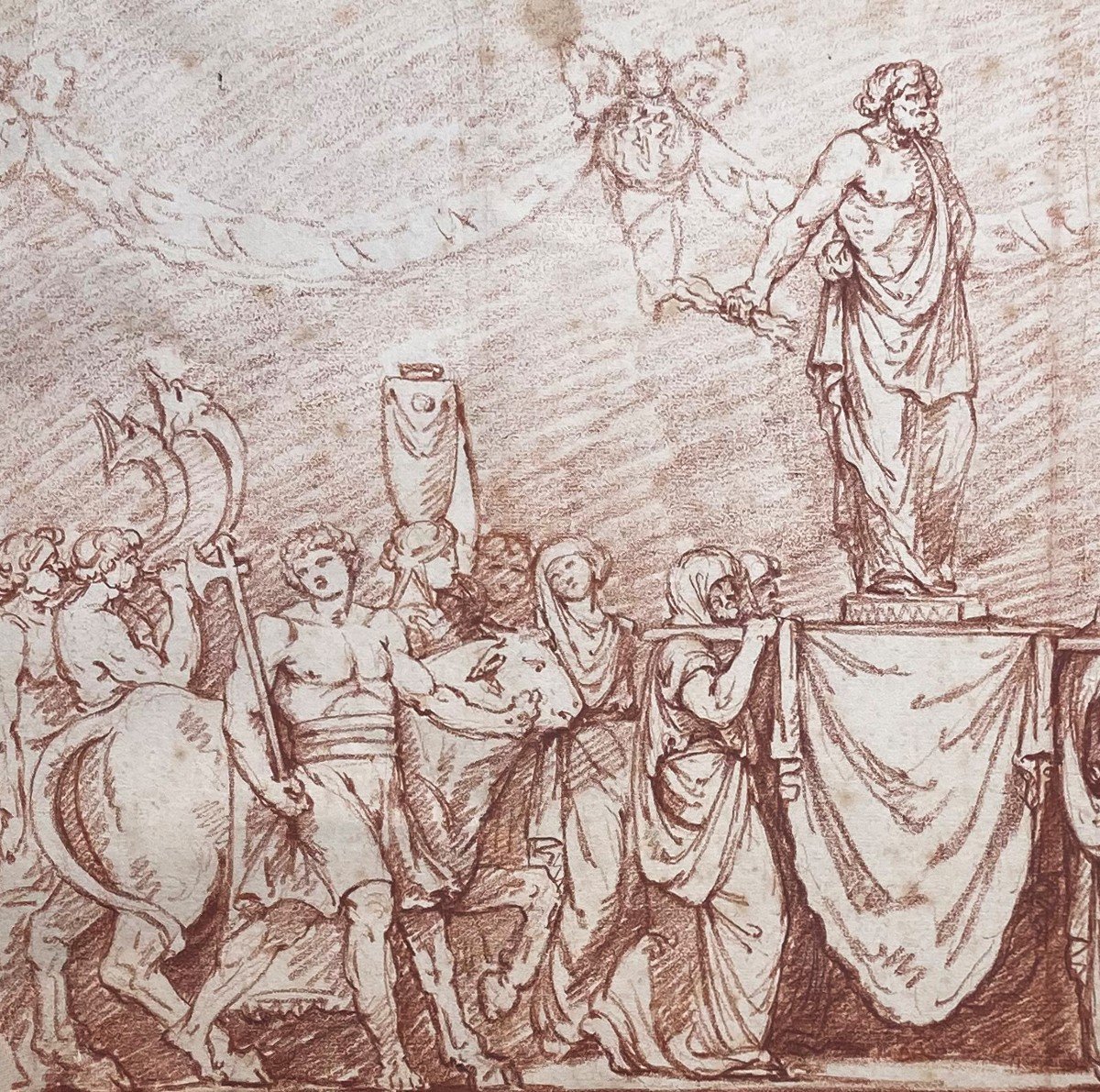 ECOLE FRANCAISE 18E "Jupiter porté en triomphe" Dessin au crayon sanguine-photo-2