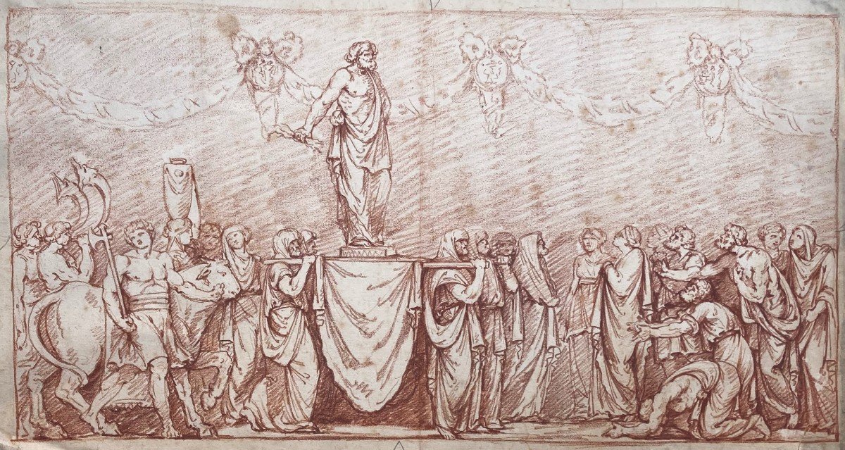 ECOLE FRANCAISE 18E "Jupiter porté en triomphe" Dessin au crayon sanguine-photo-4