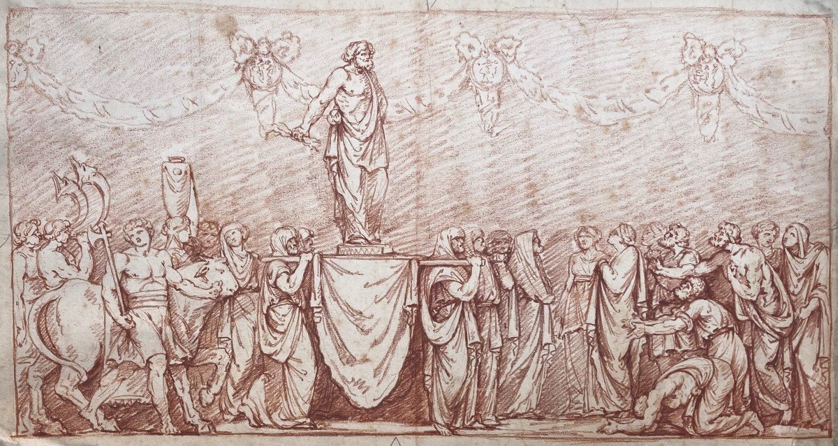 18th French School "jupiter Carried In Triumph" Drawing In Red Chalk-photo-4