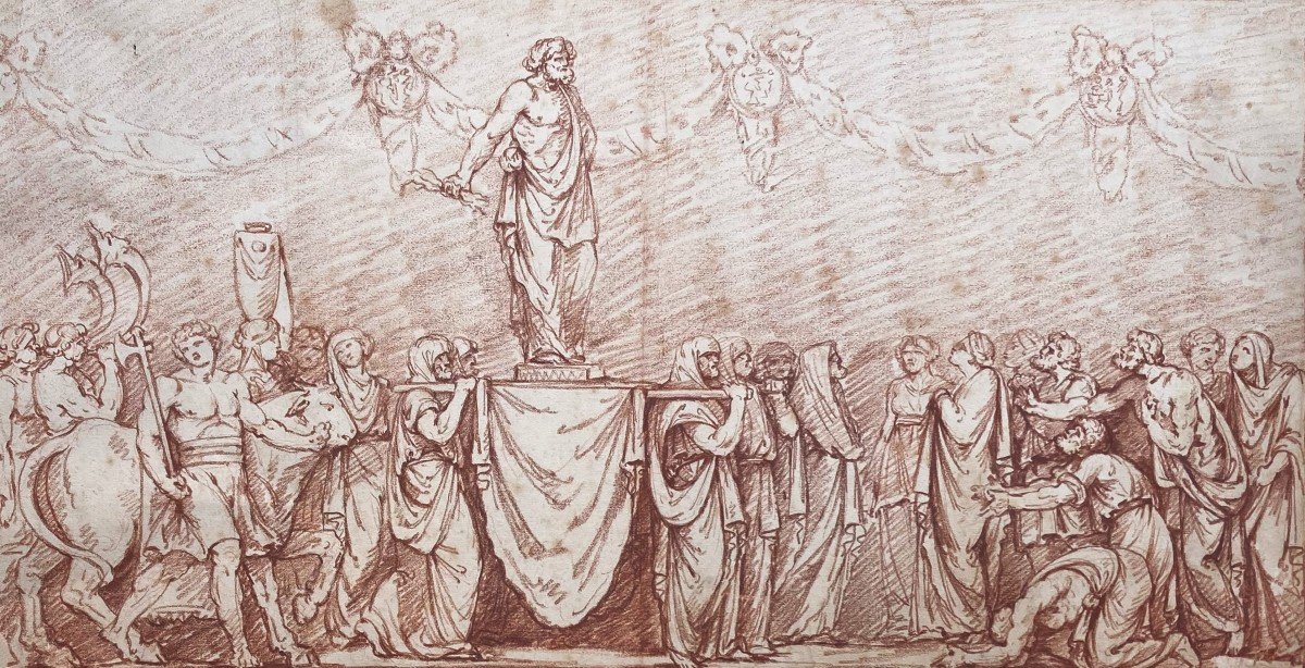 18th French School "jupiter Carried In Triumph" Drawing In Red Chalk
