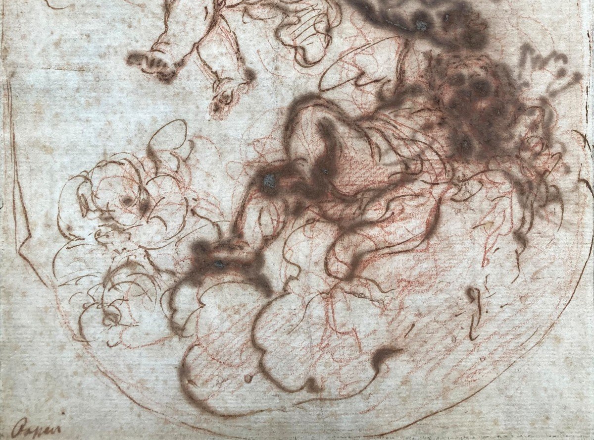 PASSERI Giuseppe (1654-1714) "Angelots" Dessin/Crayon sanguine, plume, lavis brun, Signé-photo-3