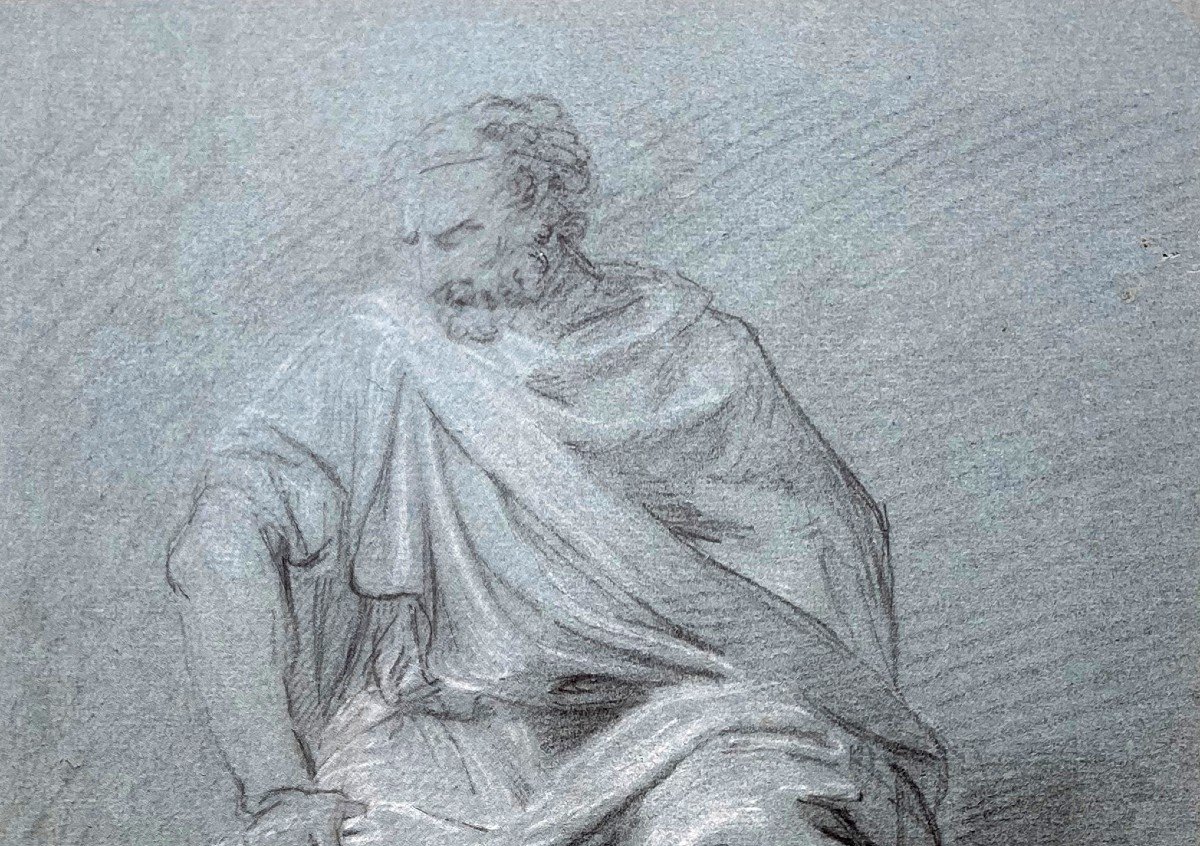 TAILLASSON Jean-Joseph (1745-1809) Attr à, "Homme drapé assis"Dessin/Pierre noire,craie blanche-photo-2