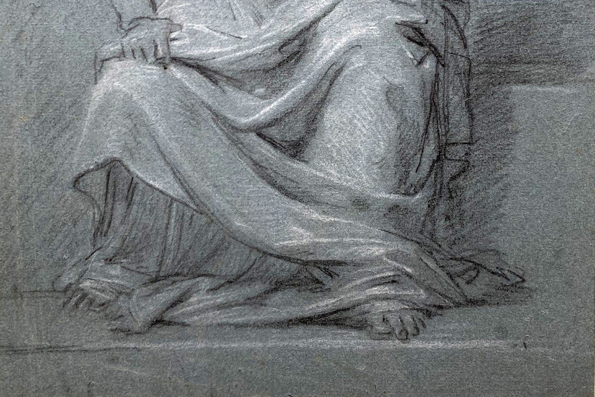 Taillasson Jean-joseph (1745-1809) Attr à, "seated Draped Man" Drawing/black Chalk, White Chalk-photo-3