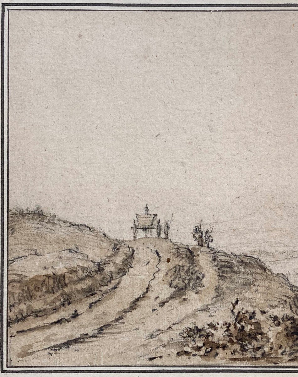 SAFTLEVEN Herman (1609-1685) Attr. à "Paysage animé à la charette" Dessin/Pierre noire, annoté-photo-2