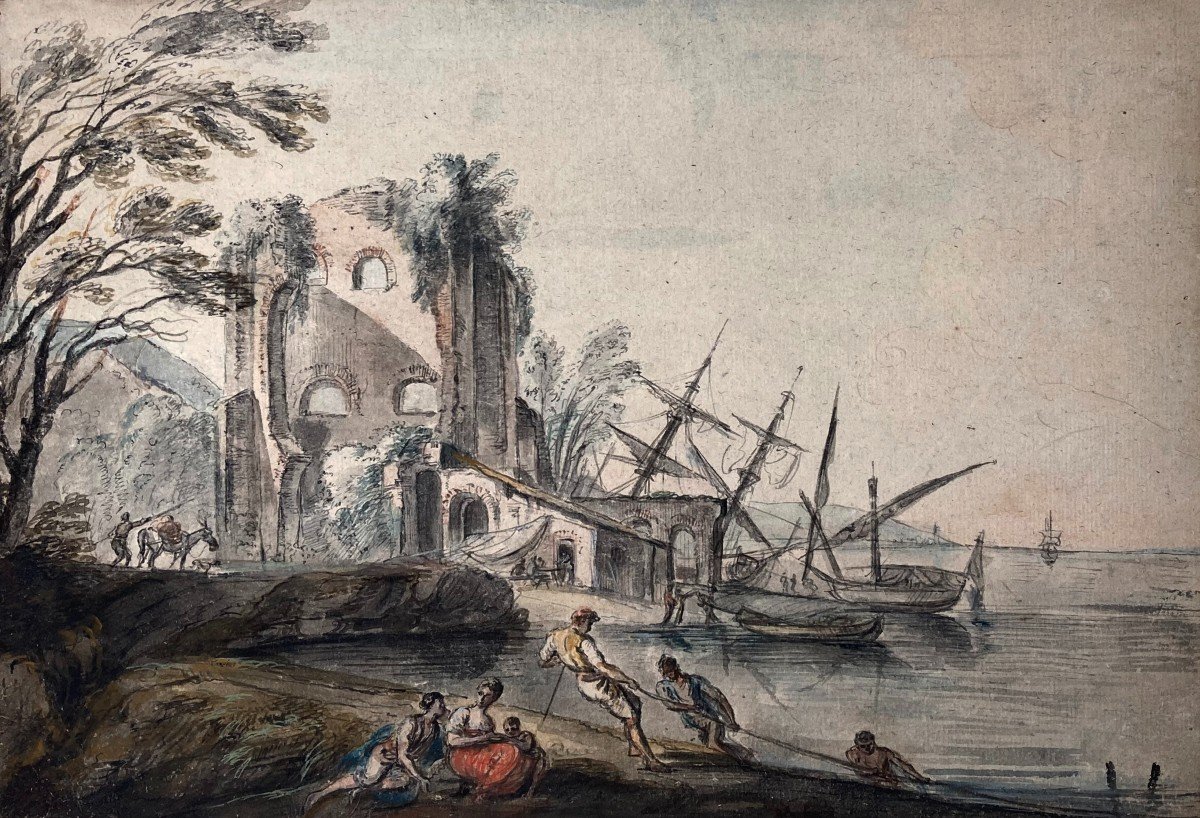 LALLEMAND Jean-Baptiste (1716-1803) "Paysage marin" Dessin/Plume et gouache, annoté