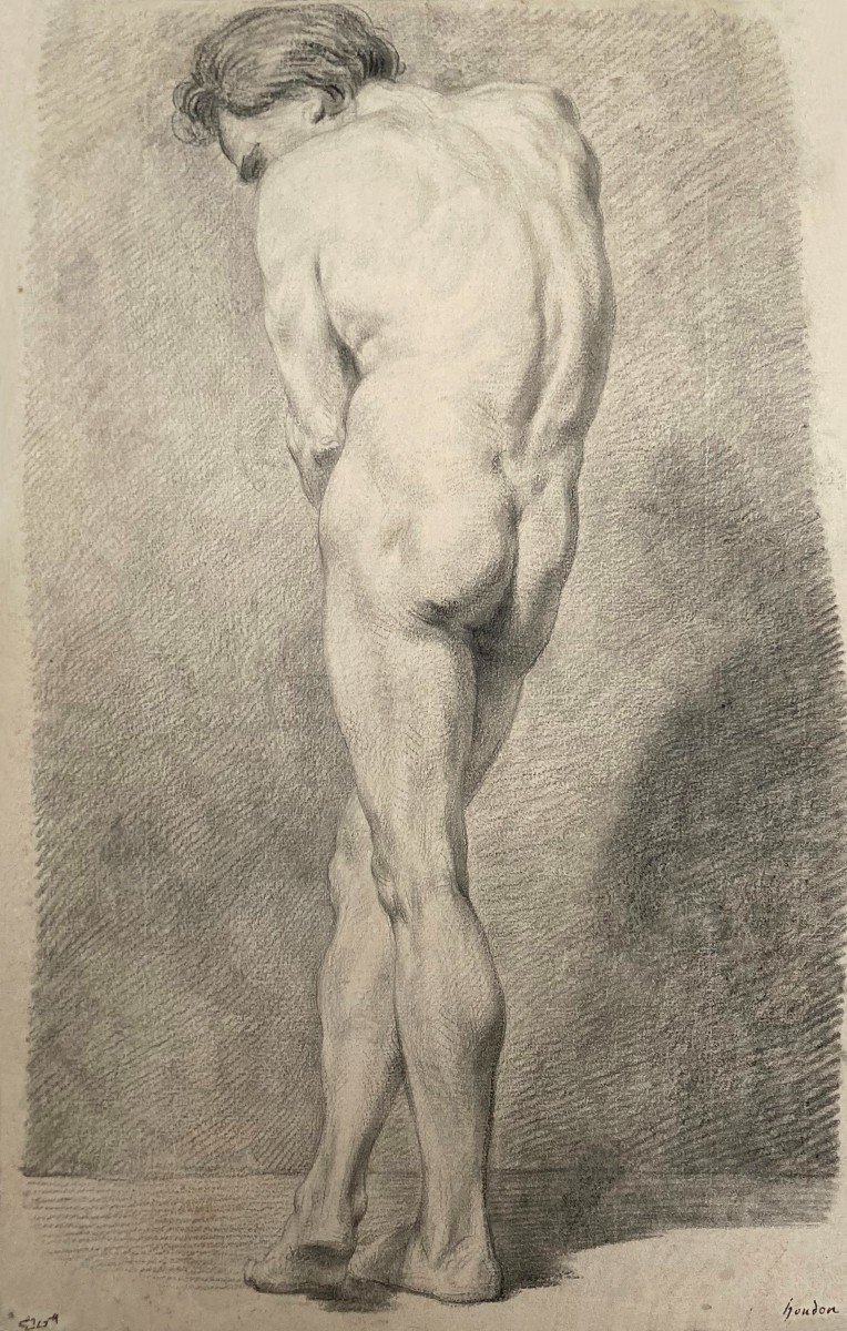 Houdon Jean-antoine (1741-1828) "academy Of Man Recto/verso" Drawing In Black Chalk, Annotated
