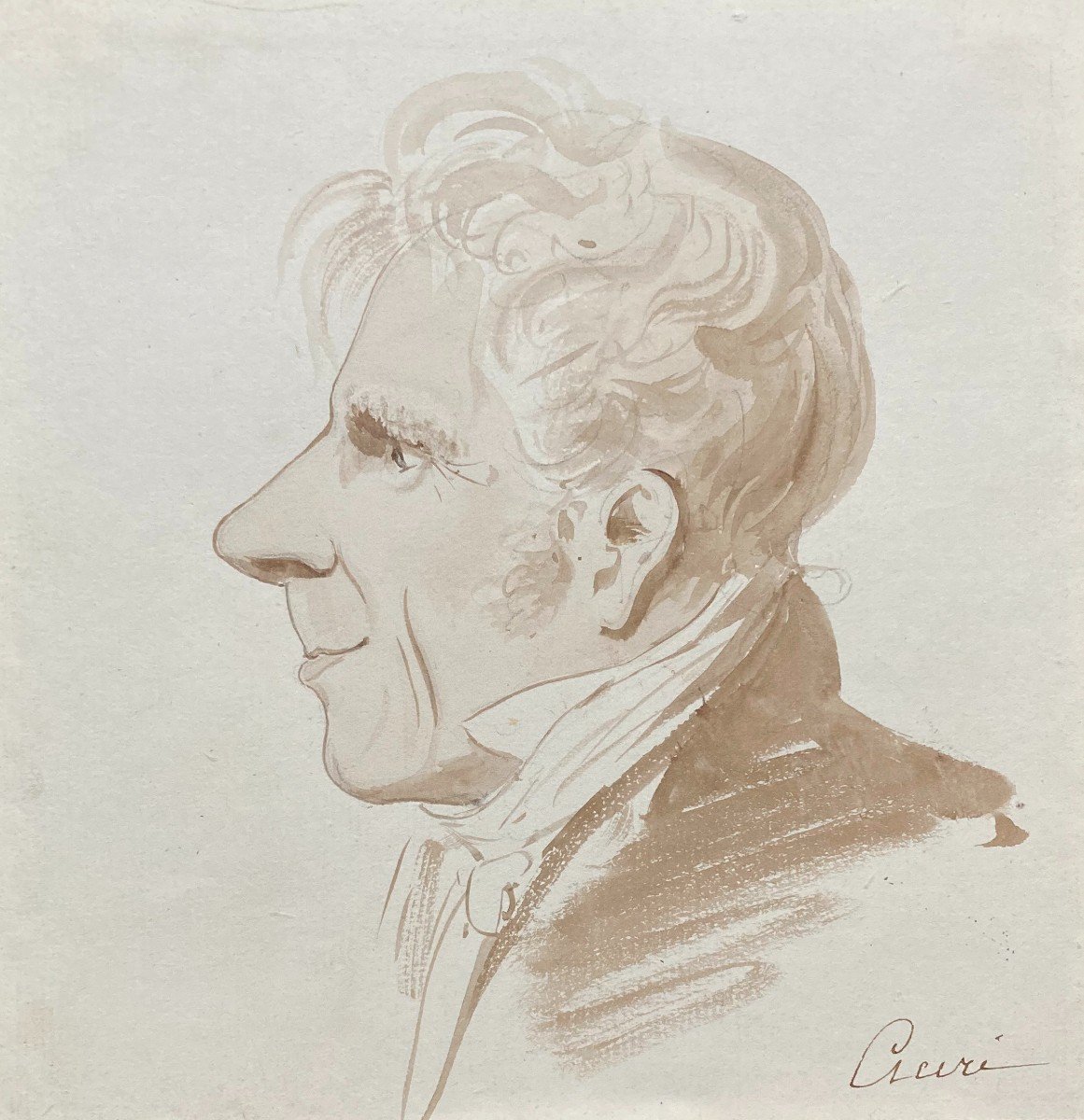 CICERI Charles (1782-1868) "Portrait présumé de Louis-Jean-Marie ATOCH" Dessin/Lavis brun,signé