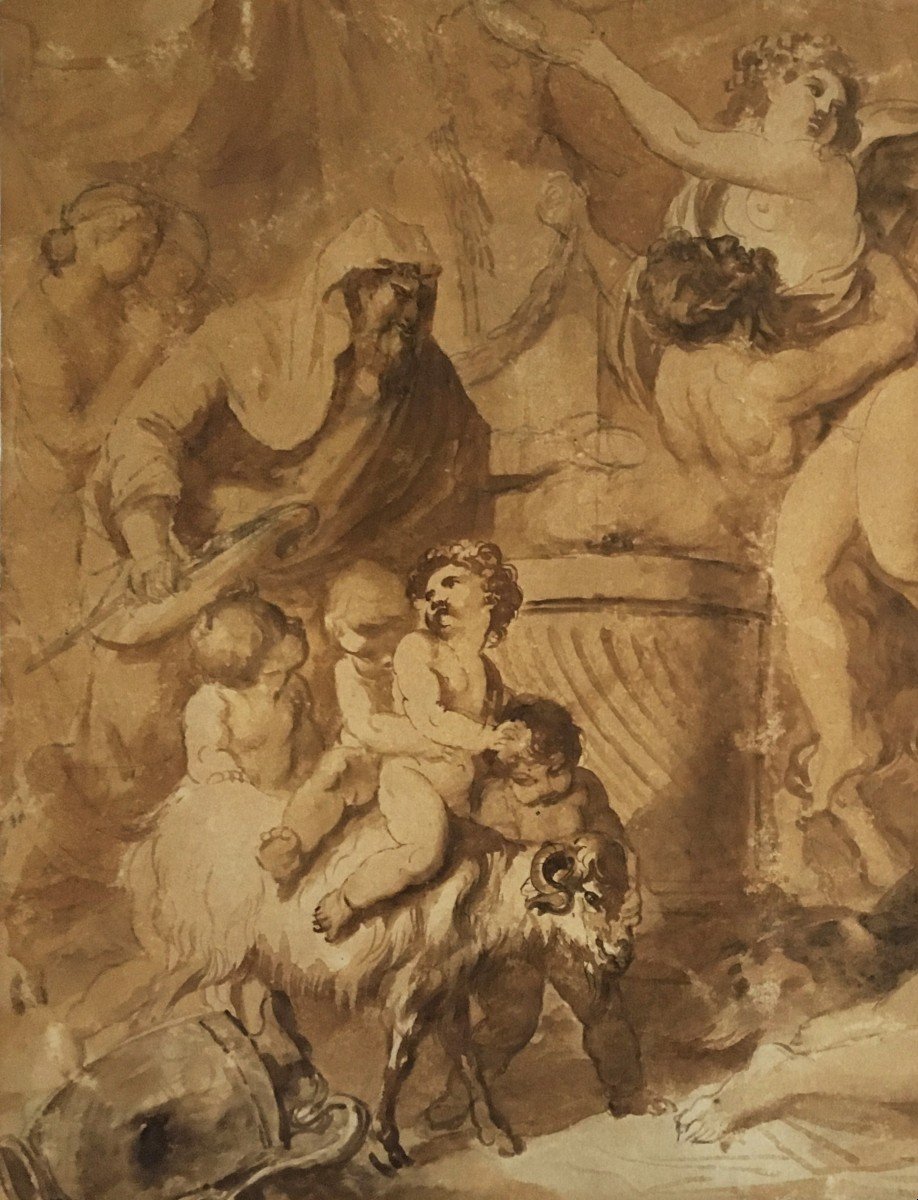 CARESME Jacques Philippe (1734-1796) "Sujet mythologique" Dessin à la plume et lavis brun-photo-2