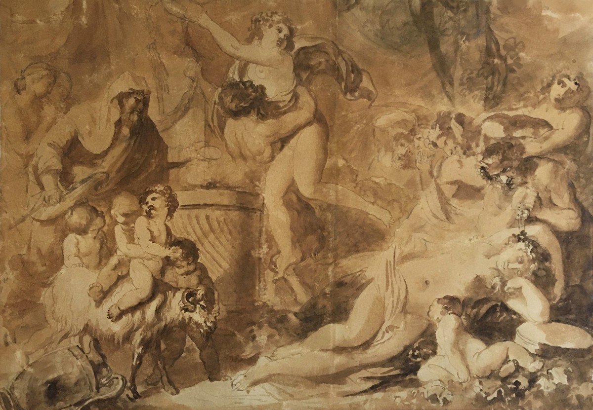 Caresme Jacques Philippe (1734-1796) "mythological Subject" Drawing With Pen And Brown Wash