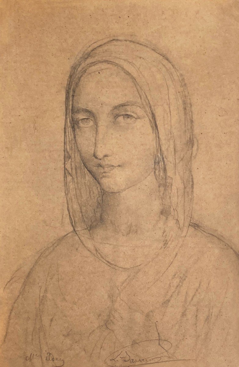 JANMOT Louis (1814-1892), élève d'INGRES "Tête de Sainte femme" Dessin/Crayon noir, signé