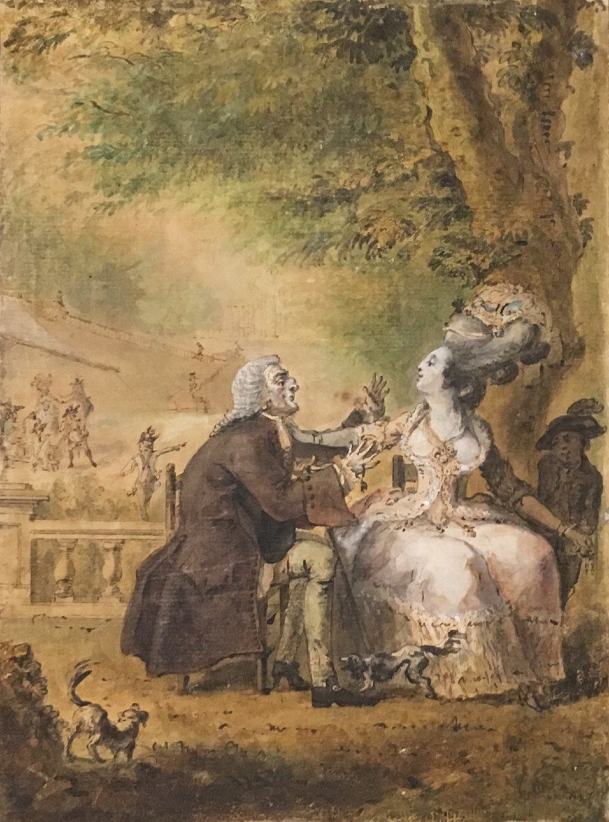 DESRAIS Claude Louis (1746-1816) "Le vieux galant" Dessin/plume,aquarelle, Du Barry,Zamor,Cadre-photo-2