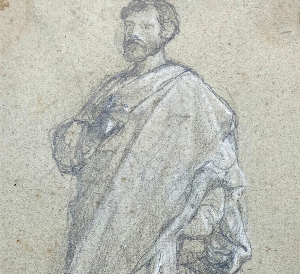 LAZERGES Hippolyte (1817-1887) "Personnage drapé" Dessin/crayon noir, craie blanche, Cachet-photo-2