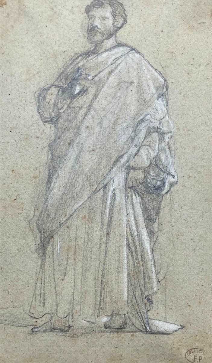 Lazerges Hippolyte (1817-1887) "draped Figure" Drawing/black Pencil, White Chalk, Stamp