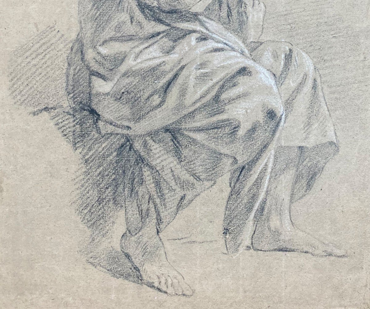 French School 18th Century "academy Man Seated, Hands Joined" Drawing/black Chalk, White Chalk-photo-3