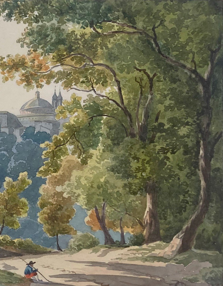 ECOLE FRANCAISE VERS 1820 " Vue de l'Ariccia, Rome" Aquarelle-photo-3